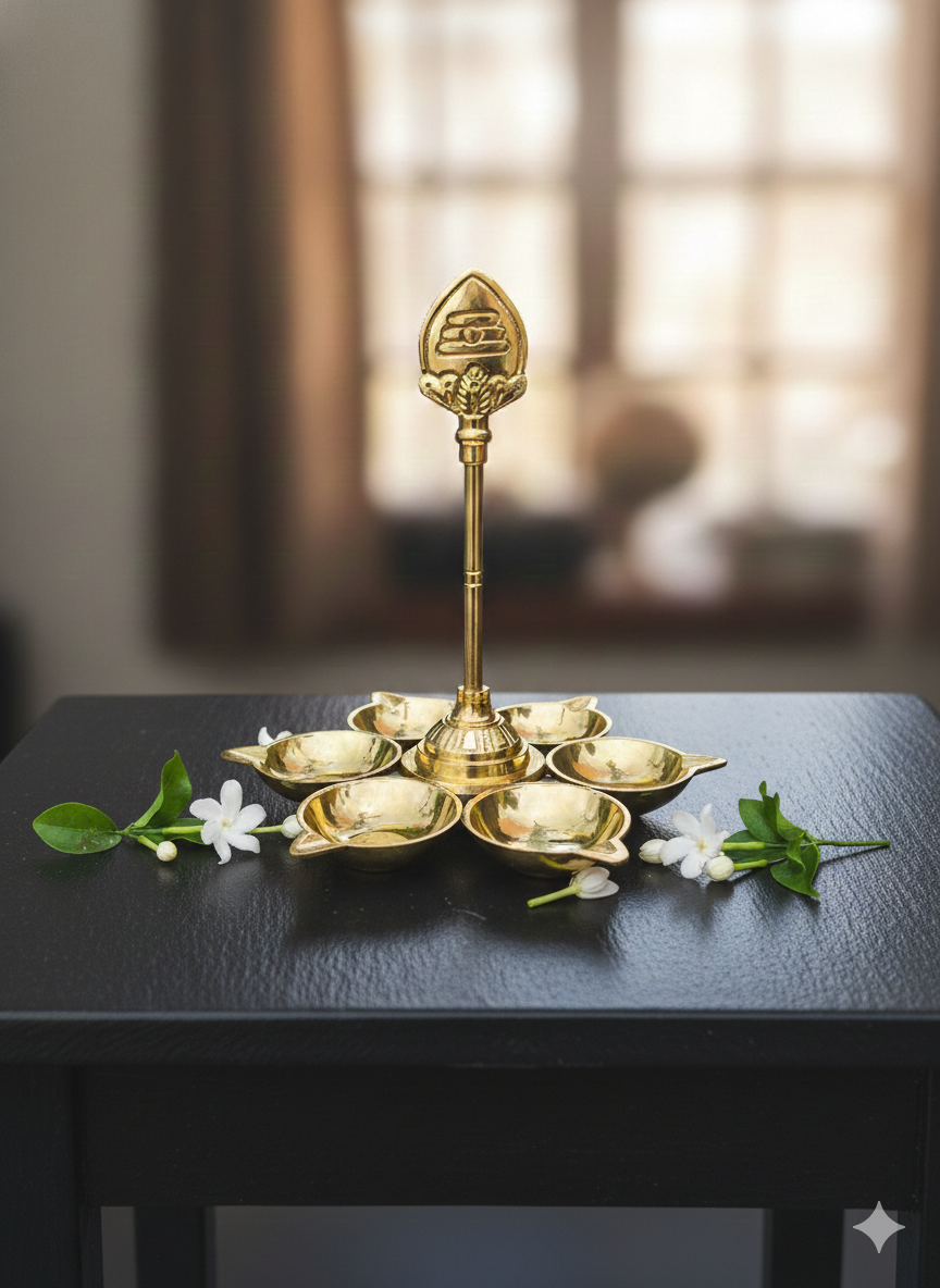 Aarumuga Brass Vilakku 7 Inch | Pure Brass Murugan Vel Lamp for Protection, Vastu & Special Poojas - Image 3