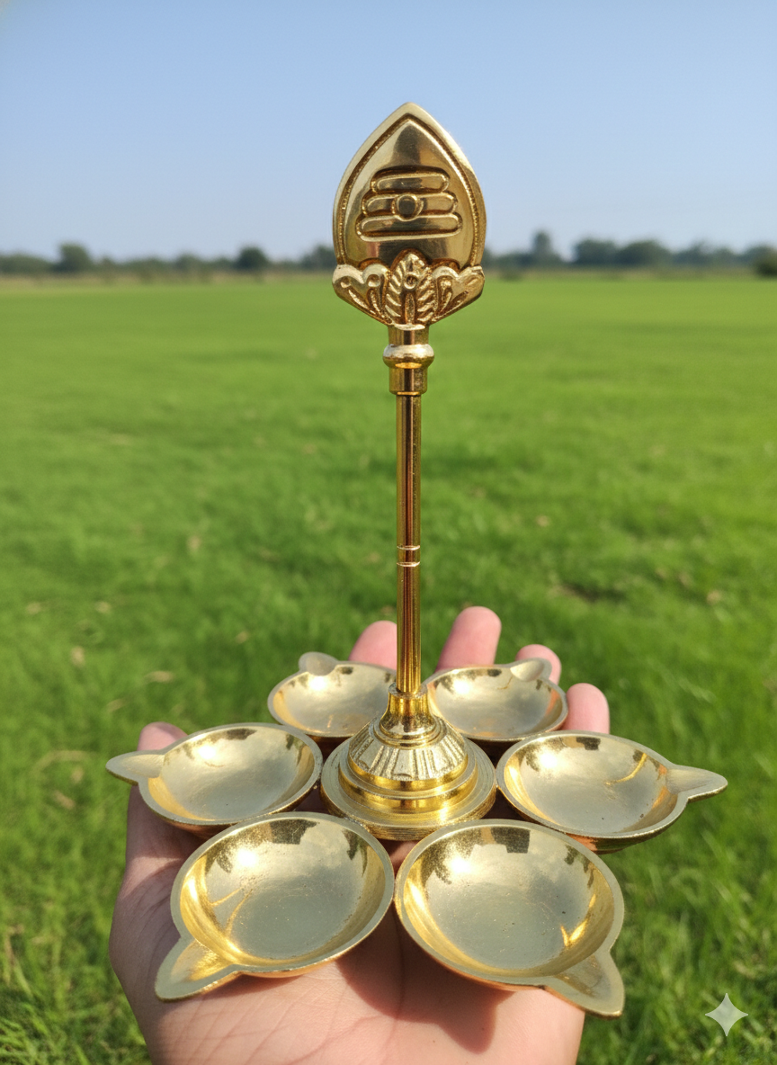 Aarumuga Brass Vilakku 7 Inch | Pure Brass Murugan Vel Lamp for Protection, Vastu & Special Poojas