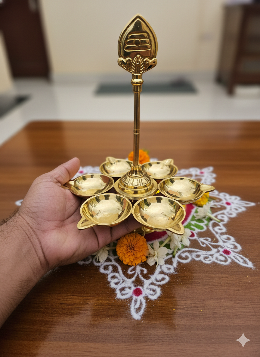 Aarumuga Brass Vilakku 7 Inch | Pure Brass Murugan Vel Lamp for Protection, Vastu & Special Poojas - Image 4
