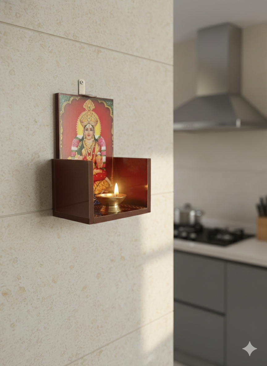 Annapoorani Vilakku Madam 6×4 Inch | Wall Mounted Lamp Shelf for Kitchen & Pooja Room | Hooks Included - Image 2