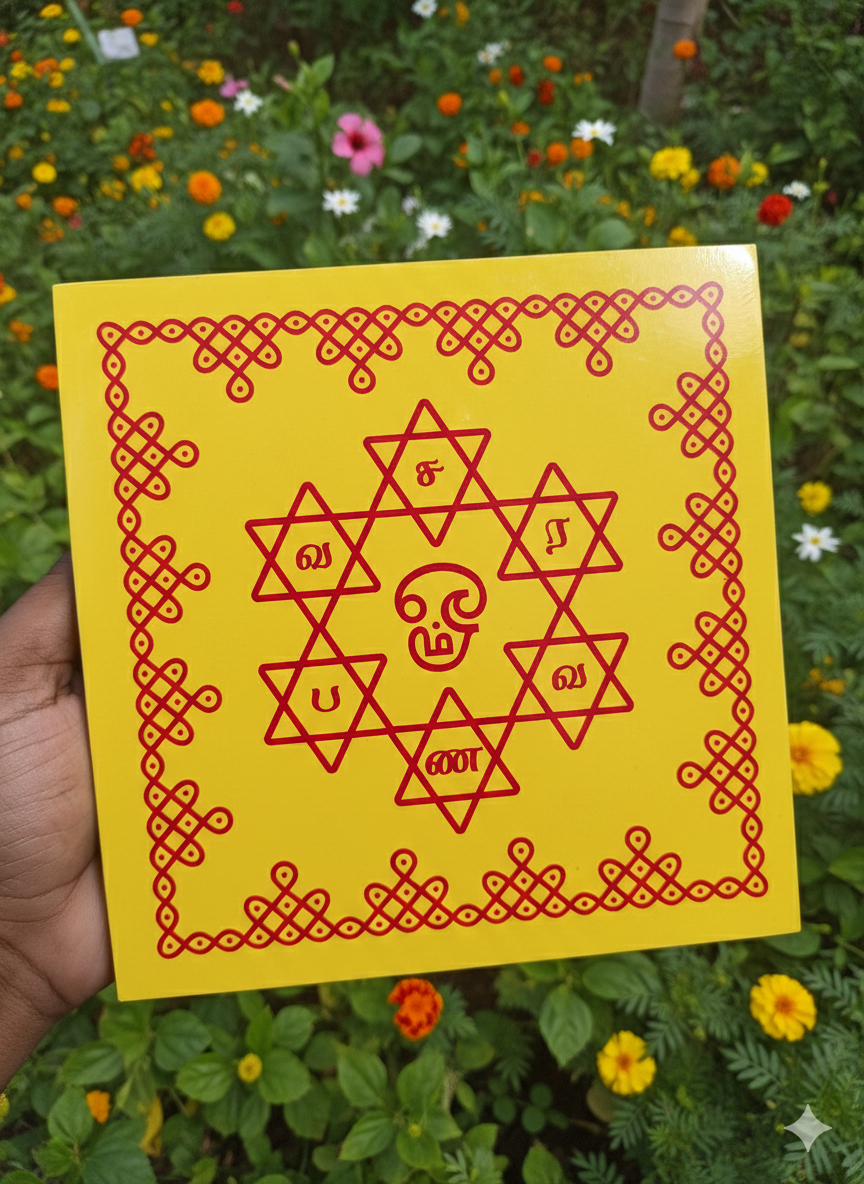 Wooden Om Saravana Bhava Manai yellow colour 6x6 Inch – Pooja Base for Om Vilakku, Arumuga Vilakku & Murugan Idols