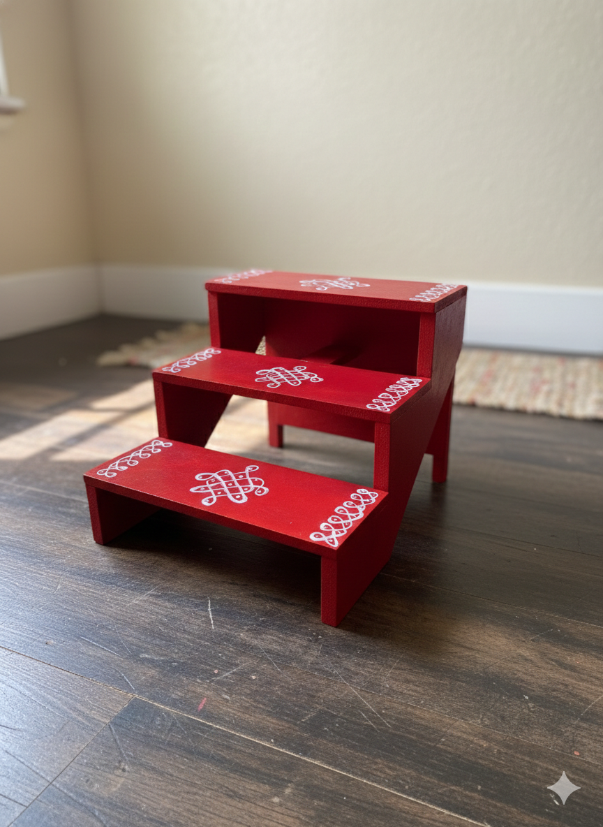 Handcrafted 3-Step Wooden Kolu Padi | Foldable & Portable | Hand Painted | Ideal for Small Pooja Rooms