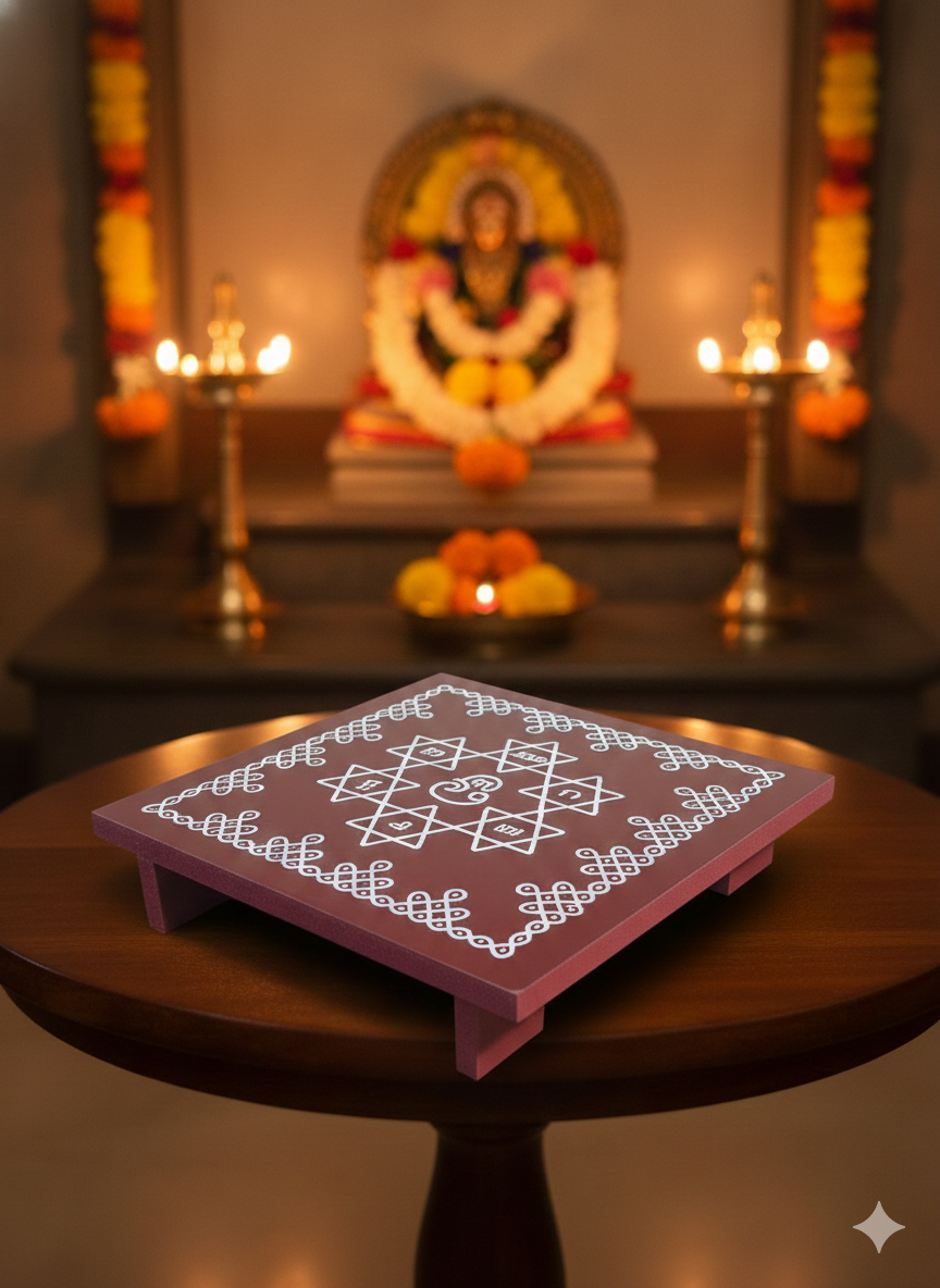 Wooden Om Saravana Bhava Manai 6x6 Inch,Brown colour – Pooja Base for Om Vilakku, Arumuga Vilakku & Murugan Idols