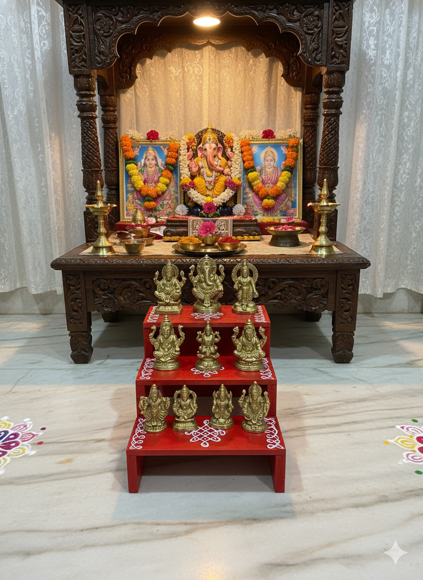 Handcrafted 3-Step Wooden Kolu Padi | Foldable & Portable | Hand Painted | Ideal for Small Pooja Rooms - Image 3