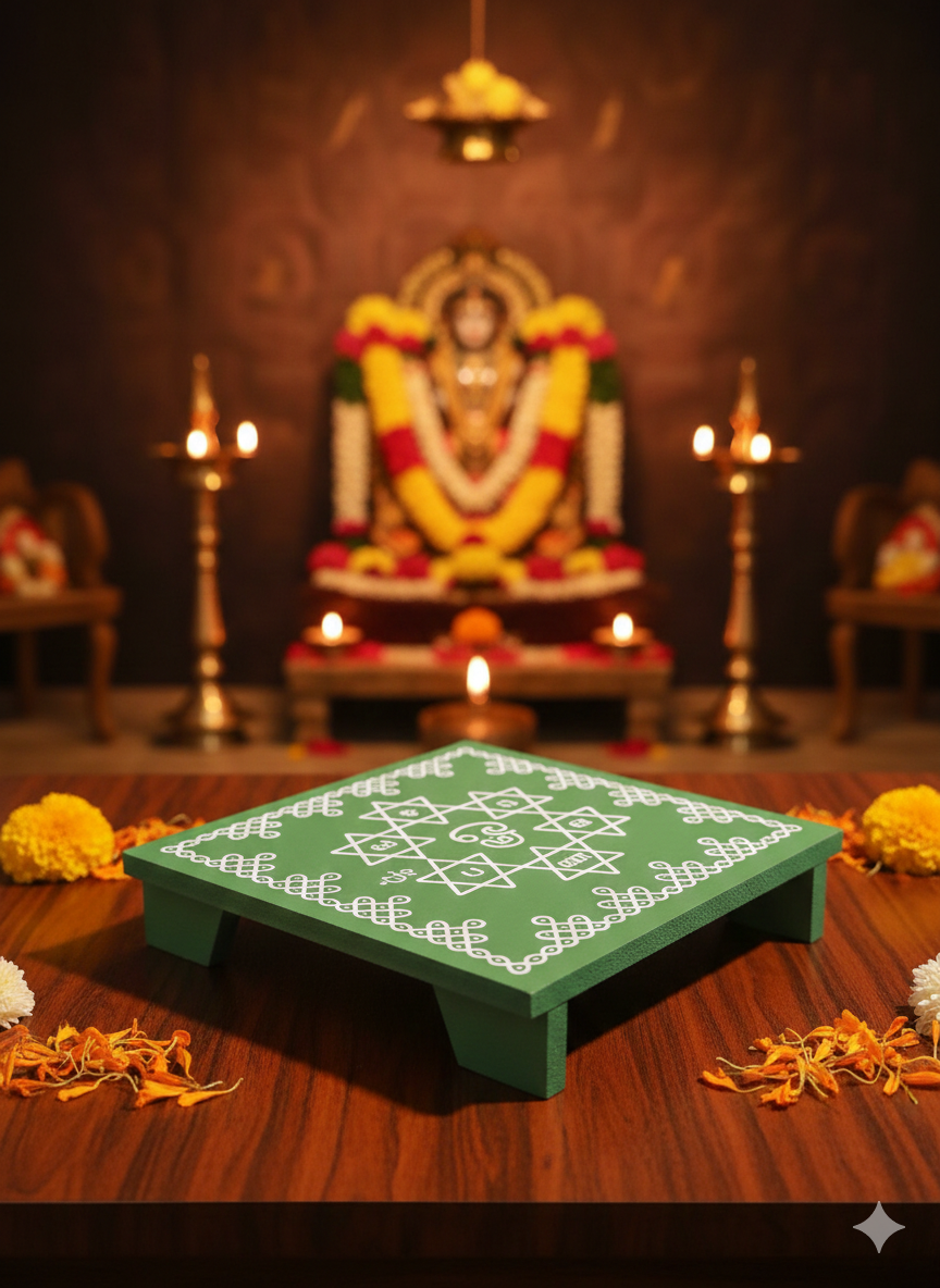 Wooden Om Saravana Bhava Manai 6x6 Inch,Green Colour – Pooja Base for Om Vilakku, Arumuga Vilakku & Murugan Idols