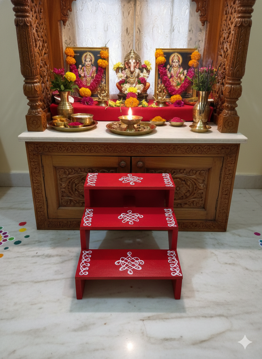 Handcrafted 3-Step Wooden Kolu Padi | Foldable & Portable | Hand Painted | Ideal for Small Pooja Rooms - Image 2