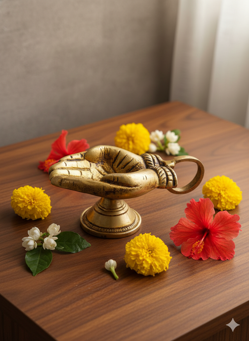 Brass Hand Vilakku 350g – Two Hand Diya for Aarthi & Pooja (3 Inch Height)