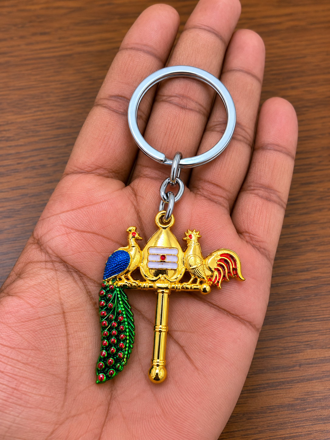 Vel Mayil with Seval Vel Keychain – Gold Finish Murugan Keychain | Spiritual Gift & Return Gift