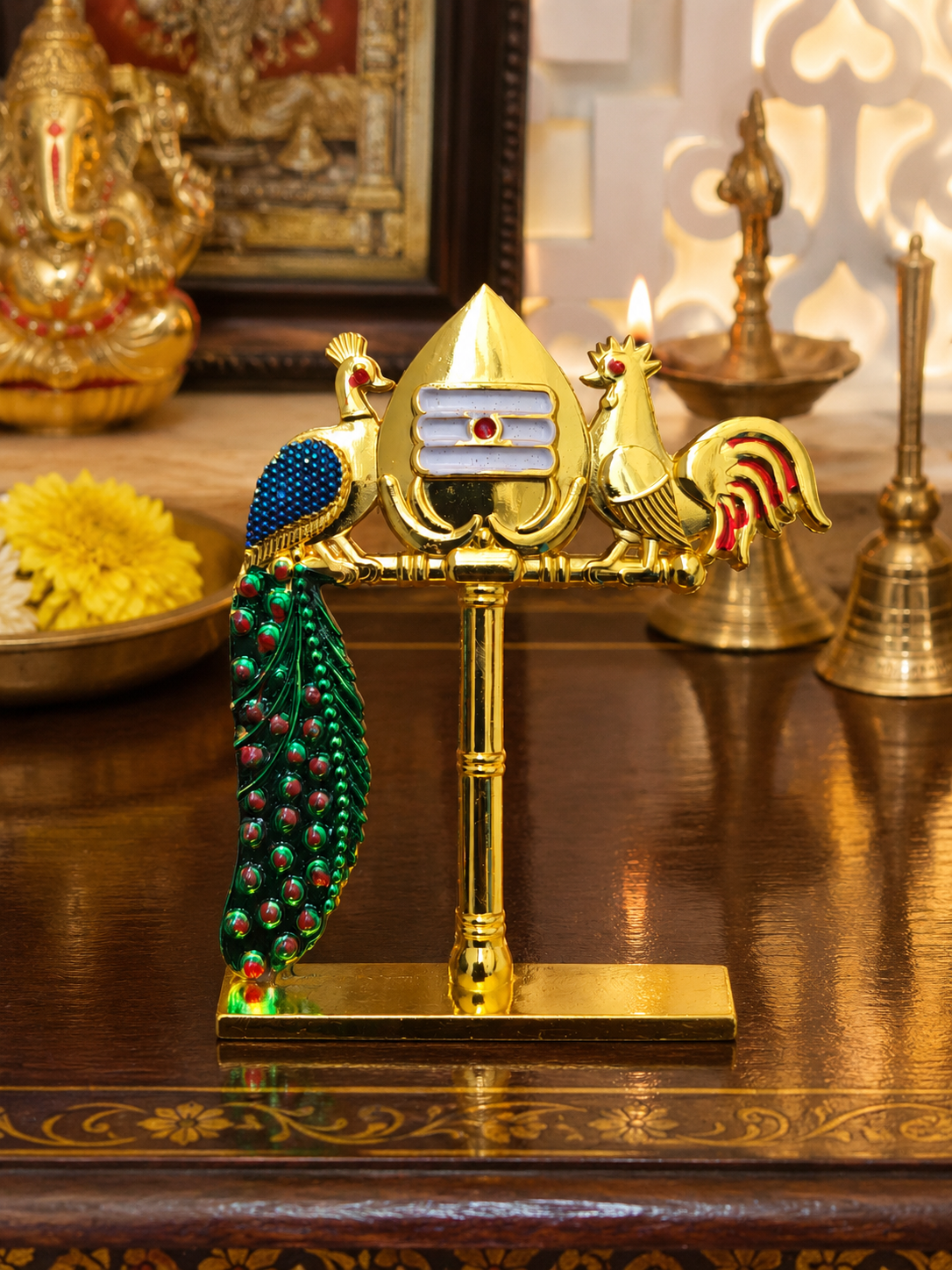 Vel Mayil with Seval Vel 4 Inch – Gold Finish Murugan Vel for Pooja Room & Car Dashboard | Return Gift