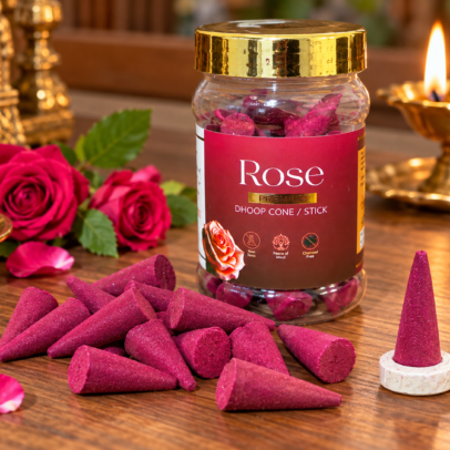Rose Premium Dhoop Cones 90g – Charcoal Free Rose Fragrance | 25–28 Cones with Dhoop Holder | ₹75 Only