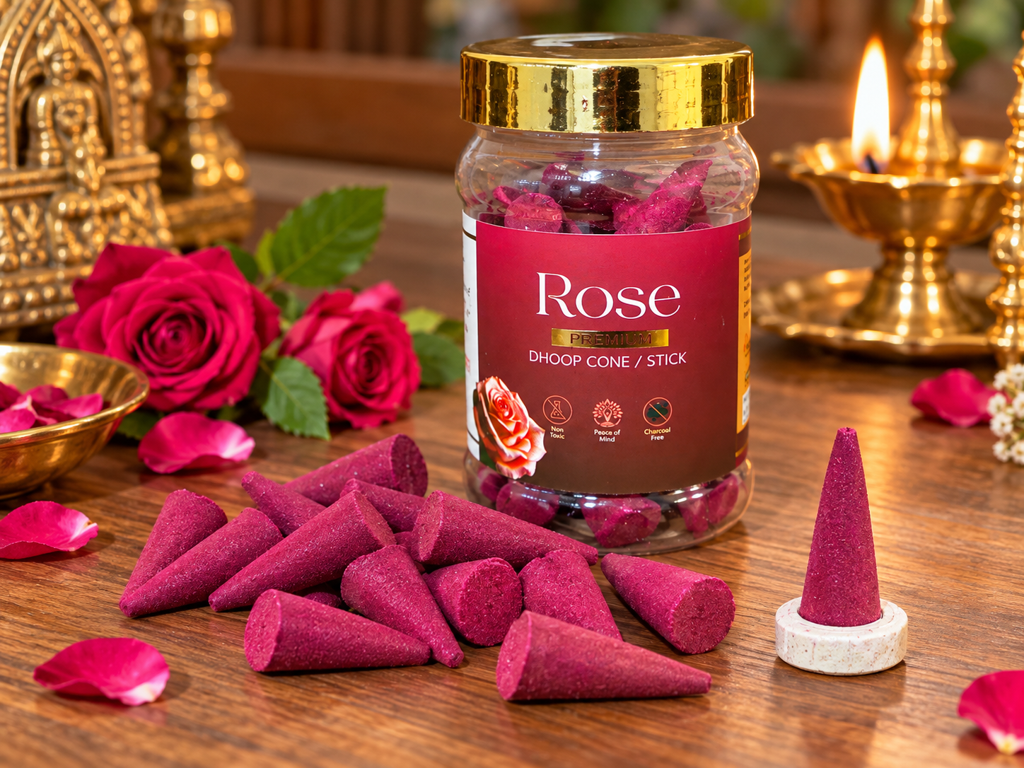 Rose Premium Dhoop Cones 90g – Charcoal Free Rose Fragrance | 25–28 Cones with Dhoop Holder | ₹75 Only