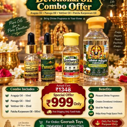 Premium Pooja Oil Combo ₹999 – Aragaja Oil 10ml, Punugu Oil 10ml, Vettiver Oil 35ml & Patcha Karpooram Oil 100ml | Divine Fragrance | Geerush Toys